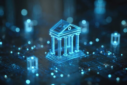 Digital bank icon on a circuit board, glowing blue