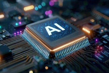 Close-up of a circuit board with a central processor chip featuring the word "AI".  The chip is highlighted with glowing light, and intricate circuit traces are visible around it.