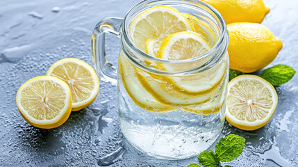 Refreshing lemon slices in glass pitcher with mint leaves and whole lemons nearby