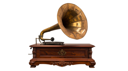 Retro gramophone with ornate wooden cabinet isolated on transparent PNG
