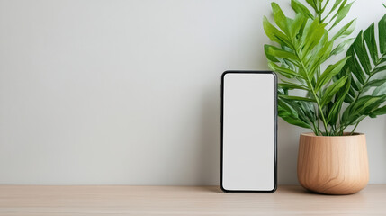 Smartphone on wooden table beside potted plant, showcasing minimalist aesthetic