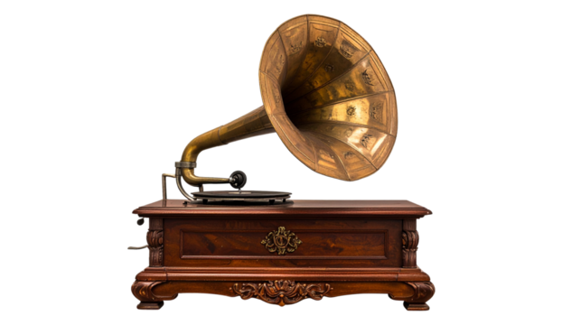 Retro gramophone with ornate wooden cabinet isolated on transparent PNG