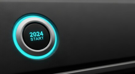 A glowing blue start button illuminates the year 2024, symbolizing new beginnings and future progress