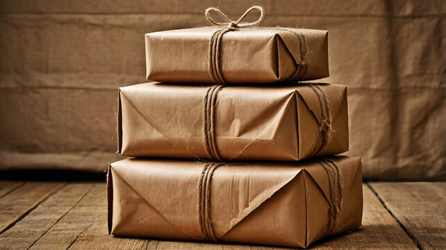 Brown paper wrapped packages tied with twine stacked on table postal delivery stock photo