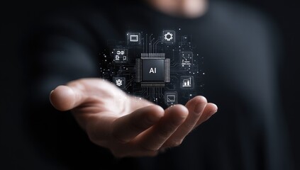 A person's hand holds a holographic AI chip, surrounded by connected tech icons
