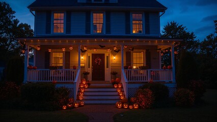 Pumpkin lantern with blurred background of house terrace at night for halloween decoration. Ai Generative.