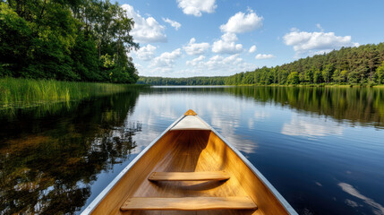 Obraz premium Serene lake view with canoe, lush greenery, and clear blue sky creates peaceful atmosphere