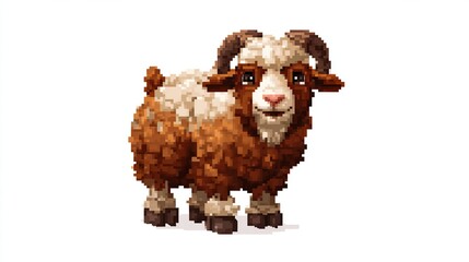 Pixelated sheep with brown/white wool, curved horns, cute smile, on a white background