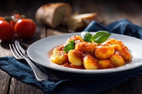 Plate of potato gnocchi with tomato sauce, garnished with basil, and bread