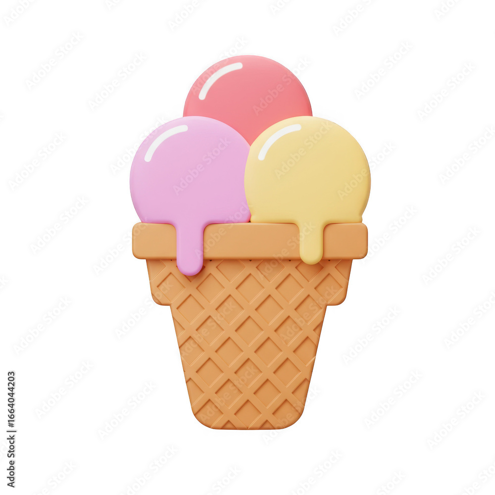 Poster ice cream cone with three scoops isolated on transparent background