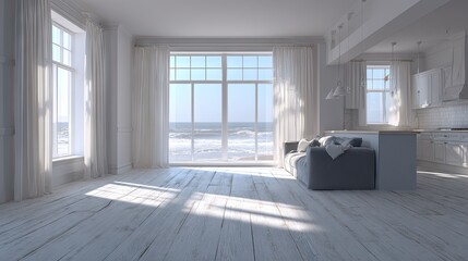 Fototapeta premium A sun-drenched, coastal living area with panoramic ocean views.