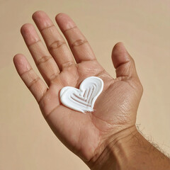 Cuidado personal y belleza, crema hidratante en forma de corazón en la mano