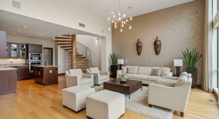 Fototapeta premium A spacious modern loft apartment features an openplan living area with a comfortable sofa, armchairs, and a coffee table, adjacent to a sleek kitchen and a dramatic spiral staircase