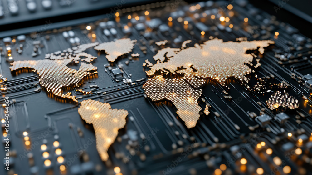 Poster digital world map circuit board technology global network illuminated design
