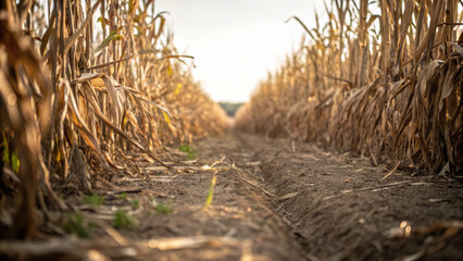 Fototapeta premium Drought effects visible in dry cornfield concept. A pathway through dried corn stalks in a rural landscape.