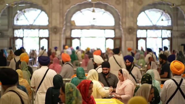 Sikh devotees gathering at a Gurudwara for Guru Nanak Jayanti.