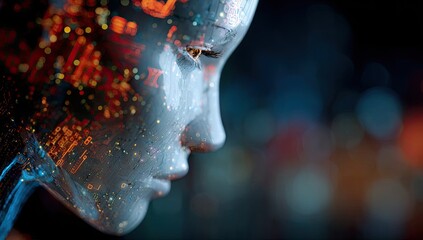 Profile view of a digital human face, overlaid with glowing, data-like patterns