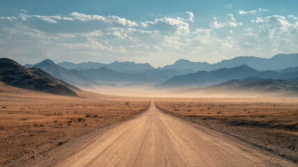 Long desert road with sandy mountain background concept. A serene view of a winding dirt road through vast mountains.