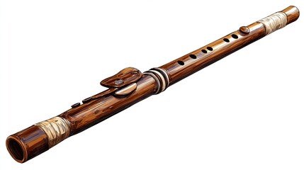 Naklejka premium Wooden flute with silver rings and keys, wrapped at ends
