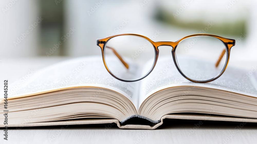 Poster reading glasses on open book create serene atmosphere for learning and reflection