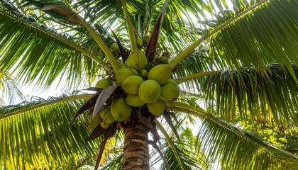 Fototapeta premium Lush green palm tree laden with ripe coconuts, viewed from below.