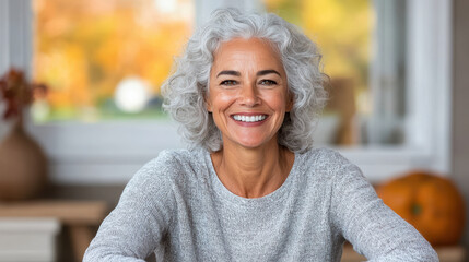 Obraz premium Joyful senior woman with curly gray hair smiling warmly in cozy indoor setting