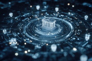 Digital bank, holographic, circular interface.  Small building icon centered in a swirling, light-blue, digital display.  Abstract, futuristic, data points,  surround the building