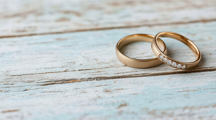 Elegant wedding bands resting on rustic wooden surface, symbolizing love and commitment