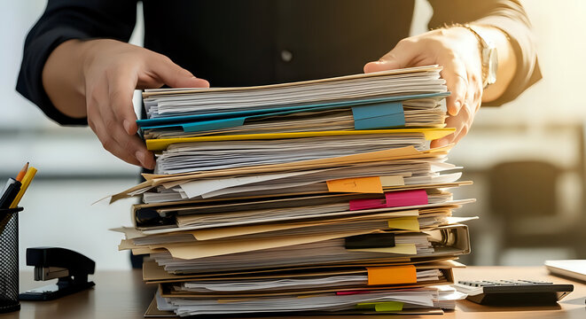 Overwhelmed with paperwork a professional stacks documents at his desk, showcasing office life, deadlines, and the challenges of staying organized at work