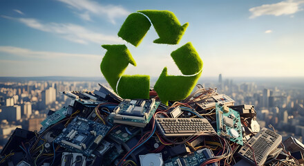 Sustainable e-waste solution promoting responsible disposal & recycling of electronics with a lush green symbol over a modern cityscape, for a clean future