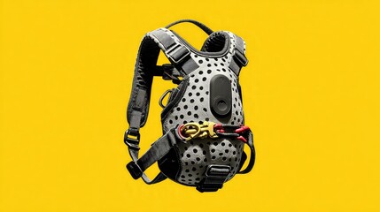Naklejka premium A modern, high-tech safety harness for climbing or industrial work, isolated on a solid yellow background.