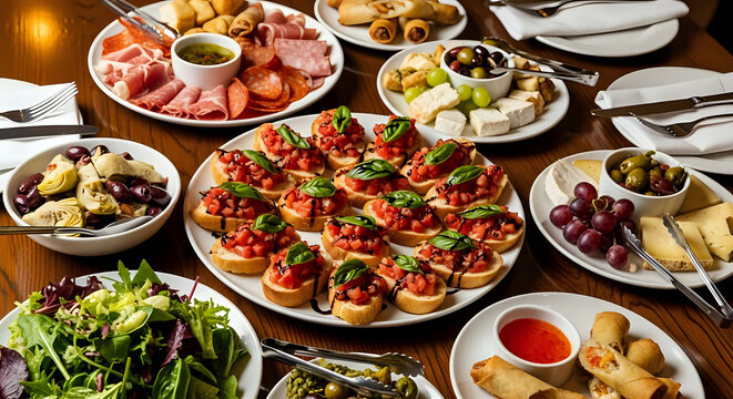 Delicious antipasto appetizers assortment for upscale catering event or elegant dinner party with bruschetta, cheeses, meats, and salad for festive celebrations