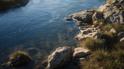 Idyllic Stream Flowing Through Rocky Terrain with Lush Grasses, Natural Scene