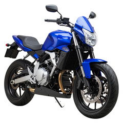 Obraz premium Classic blue sports motorcycle side view isolated on transparent background