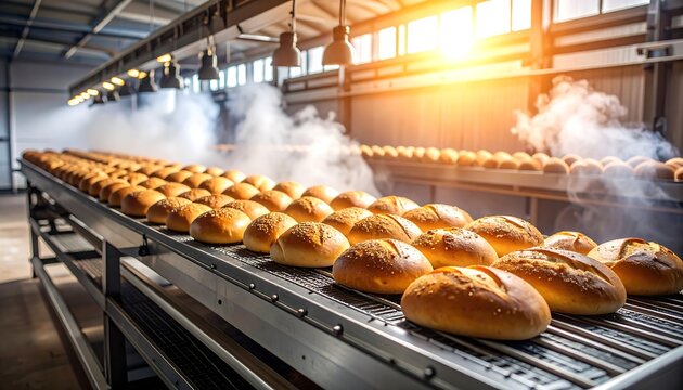 Bakery conveyor belt with fresh bread