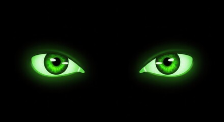 Two luminous green eyes glow intensely in the deep darkness, creating a mysterious and watchful presence