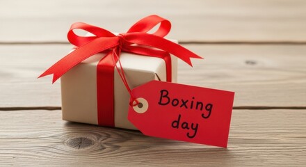 A beautifully wrapped gift with a red ribbon and a tag that reads boxing day sits on a wooden surface