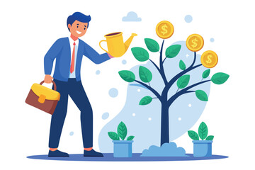 Man watering money tree, representing investment