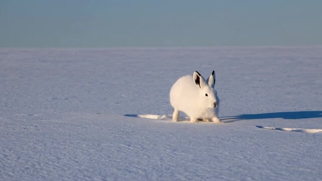A serene video still of a snow hare in a vast snowy landscape. Captured from a low angle, highlighting the hare's detail against the expansive white backdrop. Live desktop wallpaper.