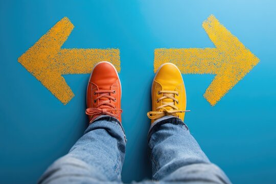 Person stands at a decision point, two colored shoes, directional arrows