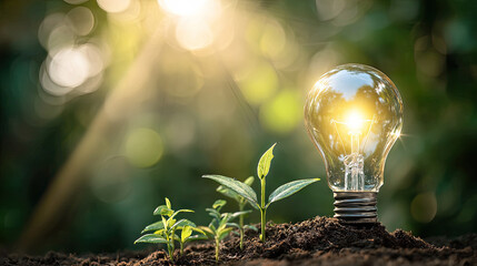 Companies adopting green technologies in industries concept. Light bulb growing in soil among small plants, symbolizing growth.