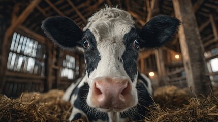 Dairy cow grazing in rustic barn charming farm setting livestock photography warm atmosphere close-up view agricultural serenity