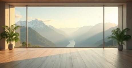 Stunning mountain view from a modern interior space during sunset