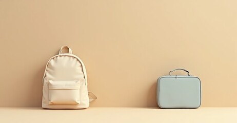 Stylish backpack and lunchbox placed against a smooth beige wall in a minimalist setting