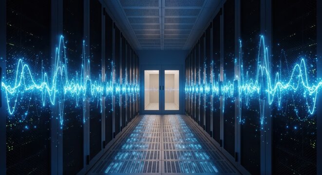 A futuristic server room with glowing blue data waves flowing through the aisles, representing the flow of information and digital connectivity