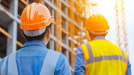 Contractor rear view inspecting tall steel framework rising above ground, construction workers installing beams on site