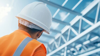 Contractor rear view inspecting tall steel framework rising above ground, construction workers installing beams on site