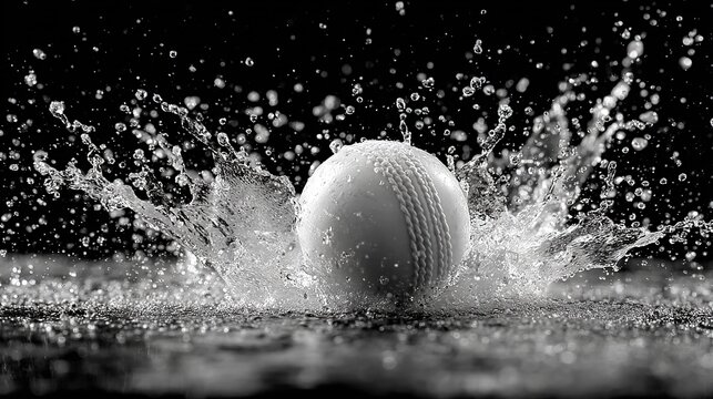 Flying Cricket Ball with Black and White Splash Background. Clear Picture with Right Space for Text Caption. Dynamic and Energetic Scene.