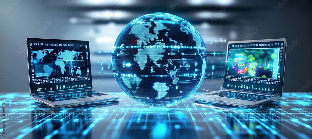 Poster earth globe hologram rotating. global internet network telecom and communication data. generative vi