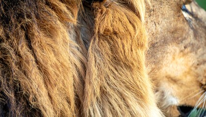 Close-up view of a lion's thick, golden-brown mane, showcasing intricate textures and details.